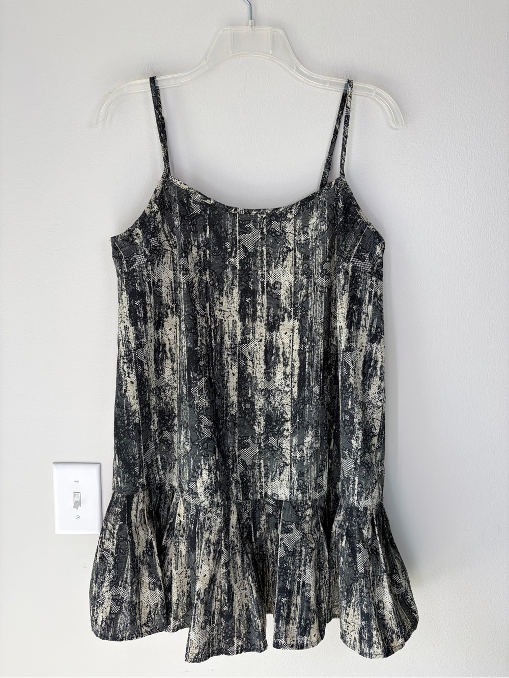 Urban Outfitters Camille Abstract Pattern Drop Pleated Ruffle Trim Mini Dress
